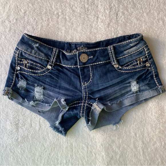 Almost Famous Low Rise Jean Shorts Micro Rolled Hem Distressed Jewels Size 1 - Picture 1 of 12